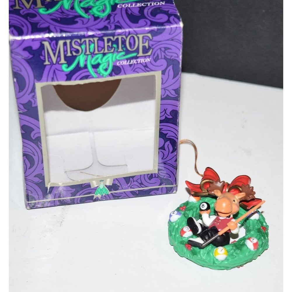 Mistletoe Magic Moose In Wreath With Pool Cue Billiard Balls Christmas Ornament